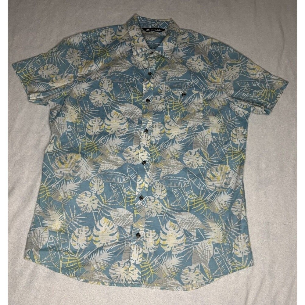 TravisMathew Button Down Mens Large Blue Tropical Palm EXCELLENT Short Sleeve